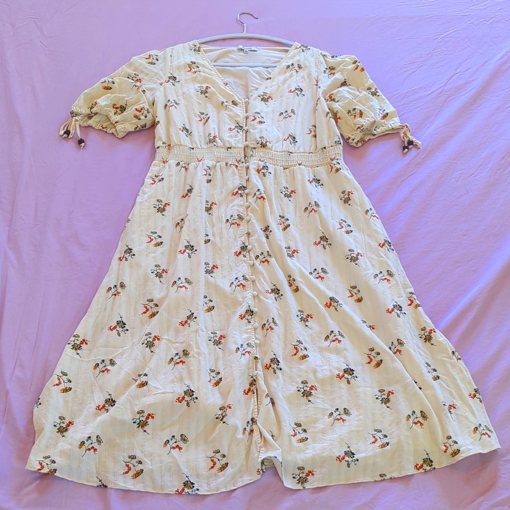 Madewell Tie Sleeve Smocked Waist Button Front Midi Dress Large